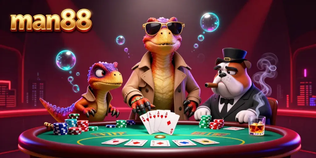 Experience the thrill of poker with man88, where cartoon raptors attempt to sneak into a VIP casino lounge.