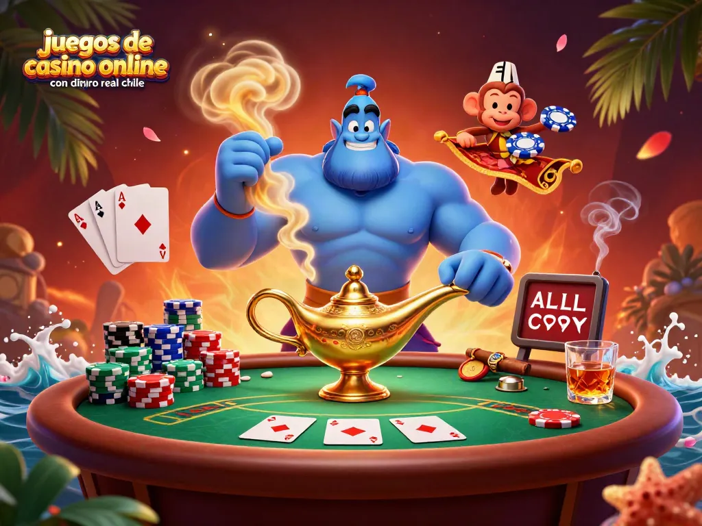 Juega en juegos de casino online con dinero real Chile con giros, cartas y fichas en una ilustración vibrante.
