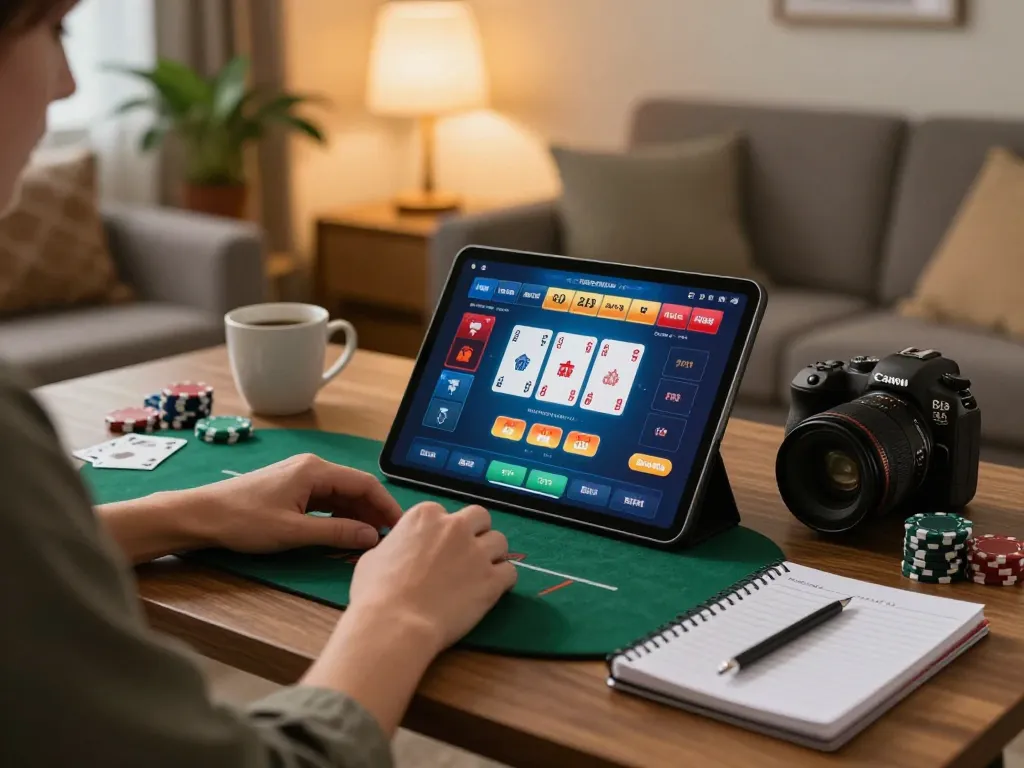 Person playing xx 88 poker game on tablet in cozy living room filled with warm light