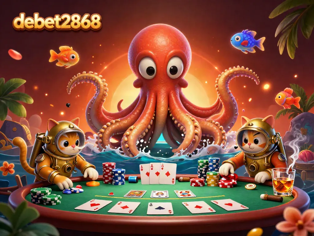 Engage with poker excitement in a vibrant underwater scene featuring debet2868's kraken mascot, playing cards, and colorful chips.