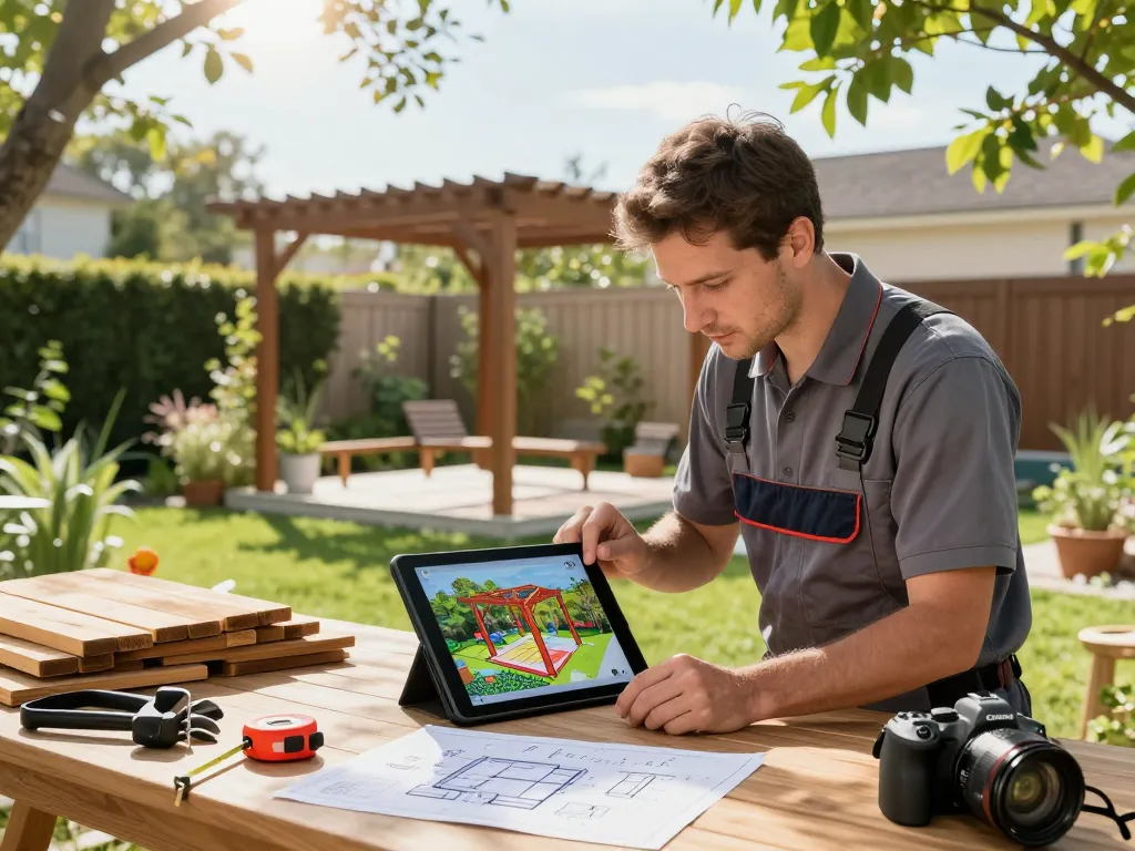 Instalador usando software para instaladores de pérgolas para crear diseños de pérgolas en 3D en un vibrante jardín al aire libre.