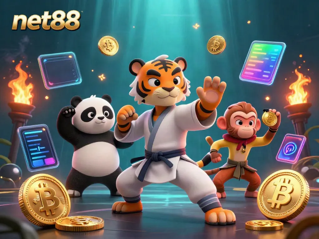 Engage in thrilling gaming at net88 with a dynamic scene of a kung fu tiger, panda disciple, and a monkey stealing a prize.