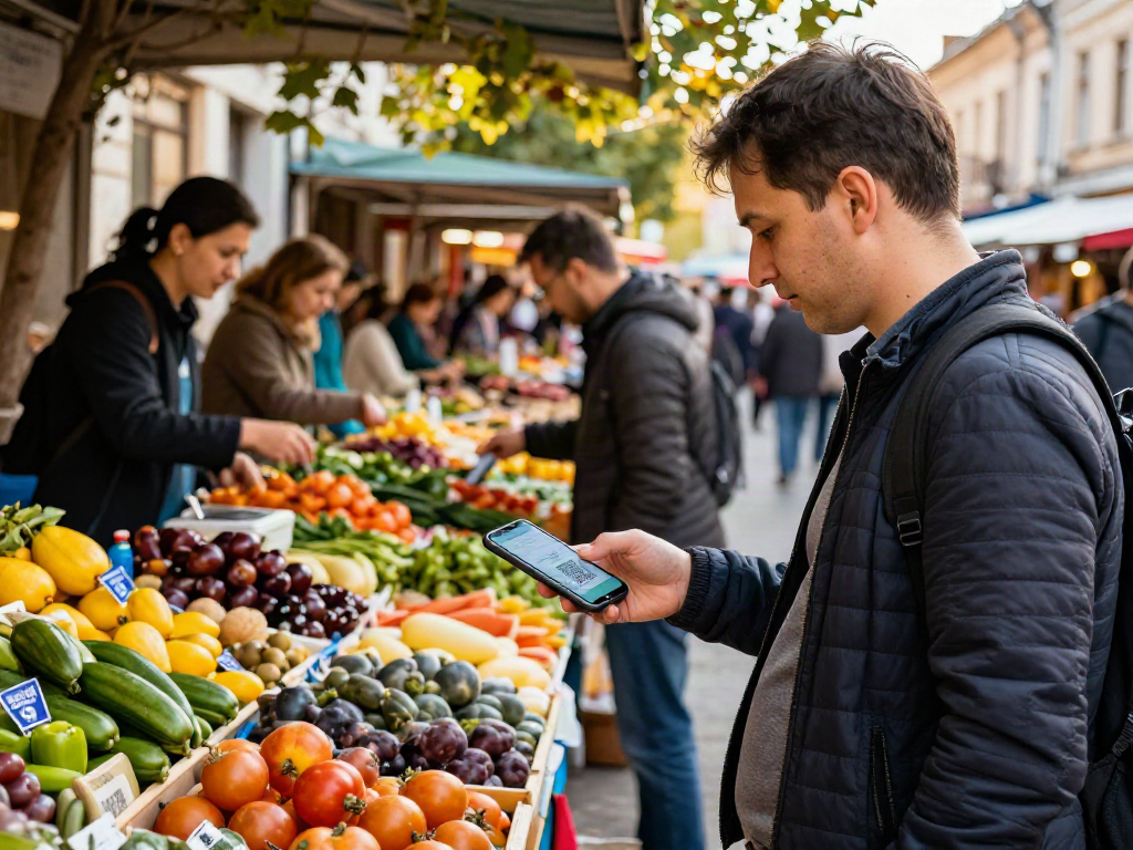 Persona usando https://payinrussia.com/ para pagar en un mercado de Rusia, mostrando un código QR.
