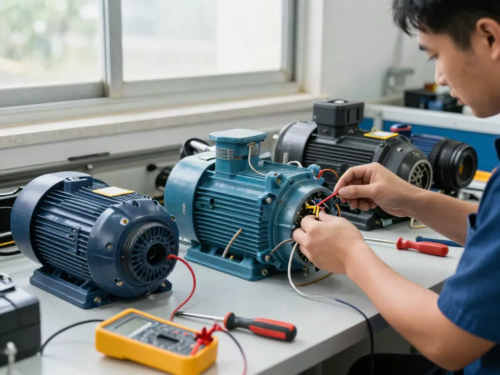 Motores eléctricos Venezuela en un taller industrial, técnico revisando componentes eléctricos con herramientas visibles.