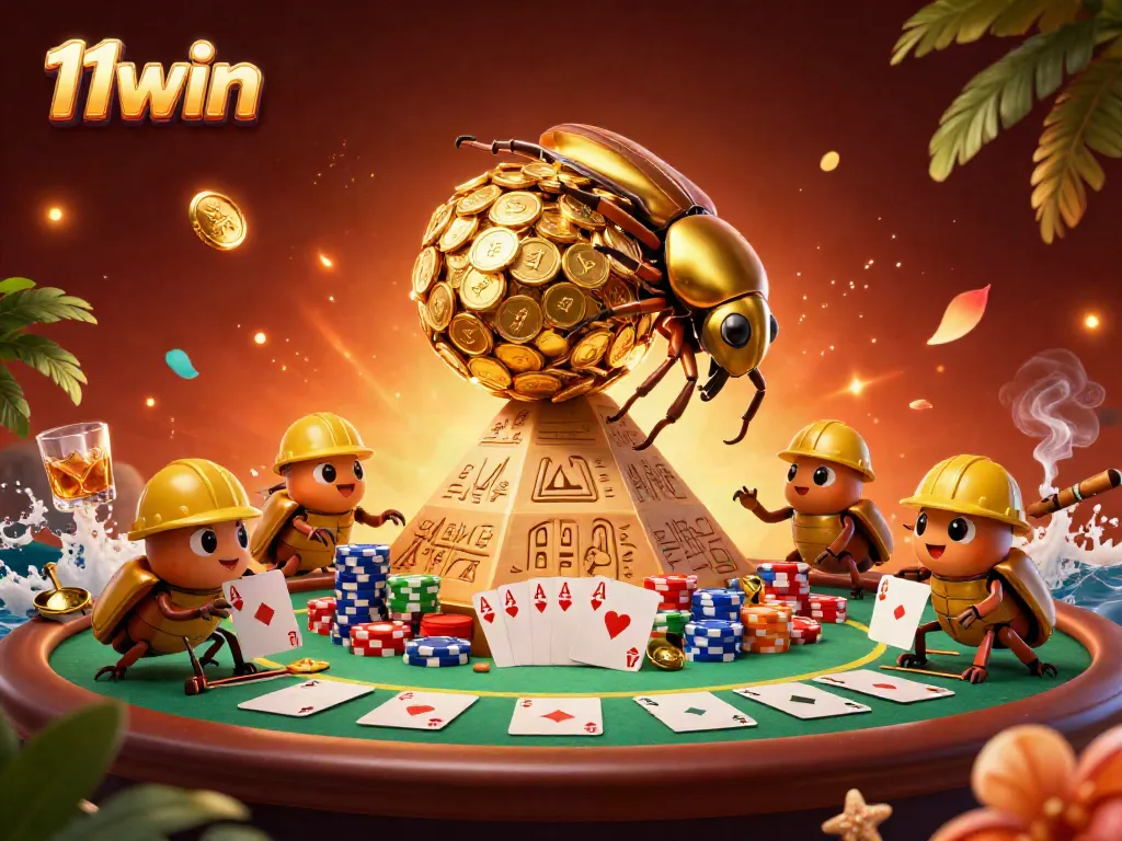 Experience the excitement of 11win with a golden dung beetle rolling coins up a pyramid in a vibrant casino scene.