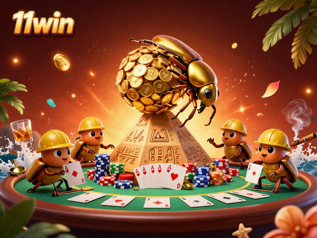 Experience the excitement of 11win with a golden dung beetle rolling coins up a pyramid in a vibrant casino scene.