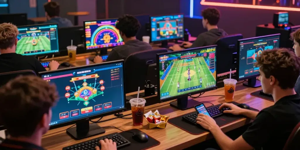 Active players enjoying the excitement of online betting at https://gem88.bz/, surrounded by vibrant gaming graphics.