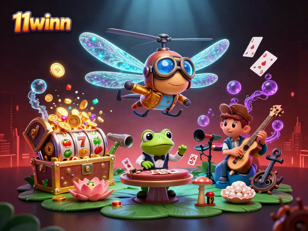 Experience the vibrant 11winn gaming world with dynamic characters at a lily pad casino.