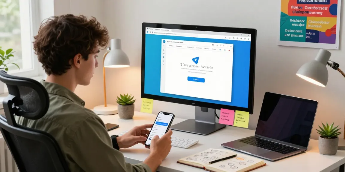 Person engaging with Telegram Web on a modern home office setup, featuring digital tools and vibrant workspace.