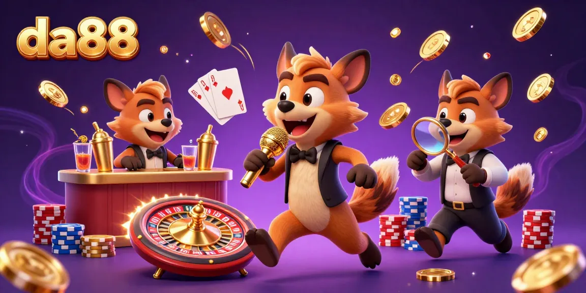 Hyenas at the da88 casino club entertain with jokes, drinks, and security while playing cards and poker chips scattered.