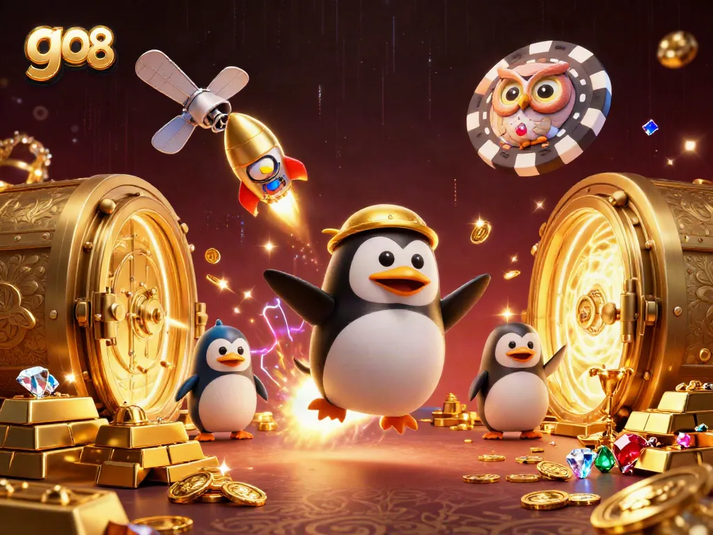 Experience go 88 with a dynamic 3D illustration of a golden penguin and casino elements surrounded by treasures.