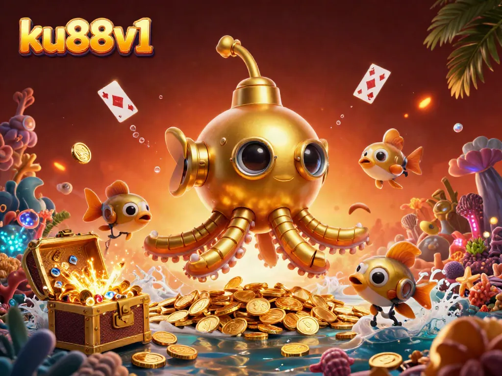 Experience thrilling games at ku88v1 with a golden kraken submarine navigating through coins and gems.
