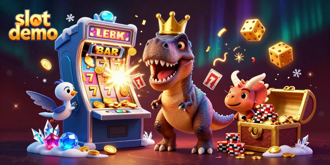 Slot demo menampilkan kasino bergaya ceria dengan karakter kartun T-Rex, membantu pemain meraih jackpot.