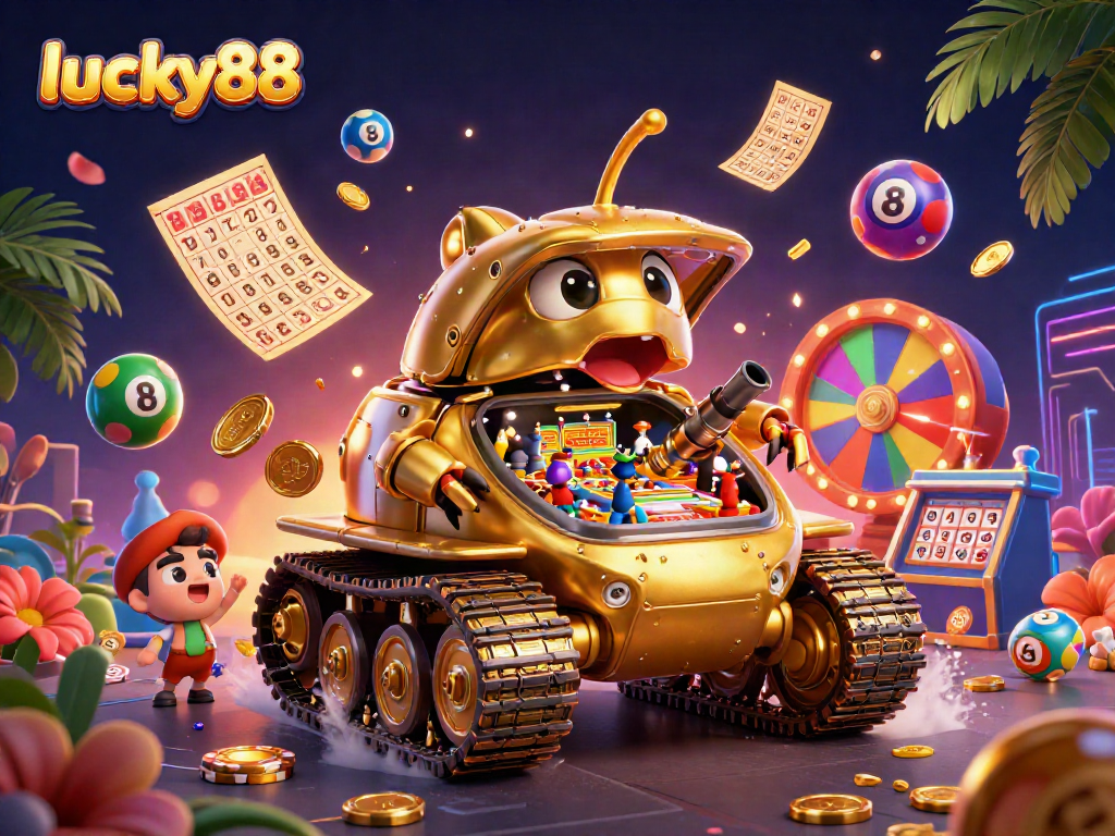 Experience the excitement of lucky88 with a golden tank casino revealing charming tiny players and vibrant gambling elements.