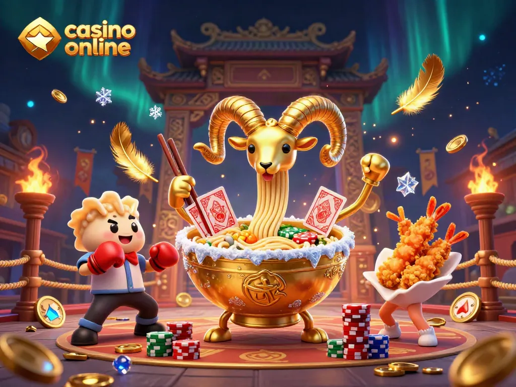 ganando en un casino online: ilustración de un tazón gigante de ramen en una escena casino vibrante