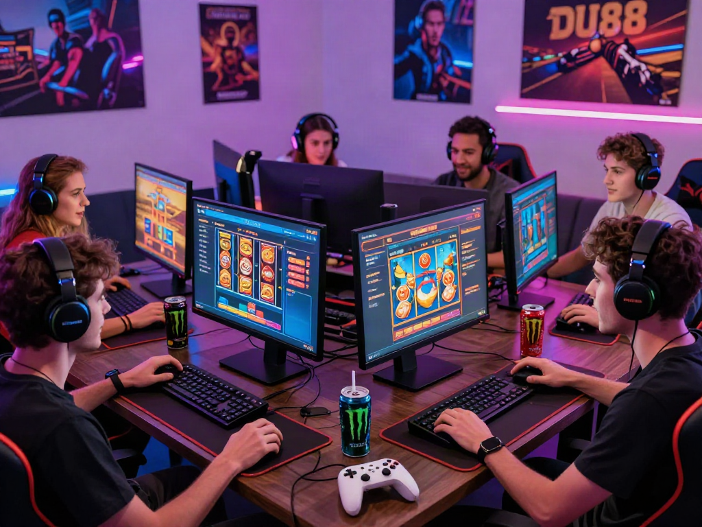 Excited gamers enjoying DU88 online casino games with vibrant setup.