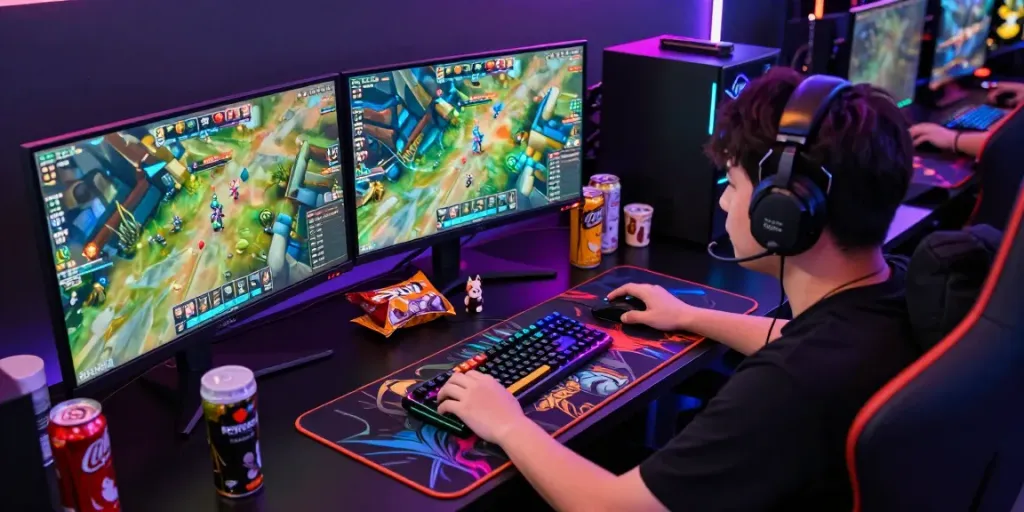 player immersed in ROKOK88 gaming experience with dual monitors