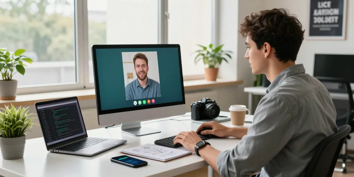 Engaged young professional using WhatsApp電腦版 on desktop in a modern workspace