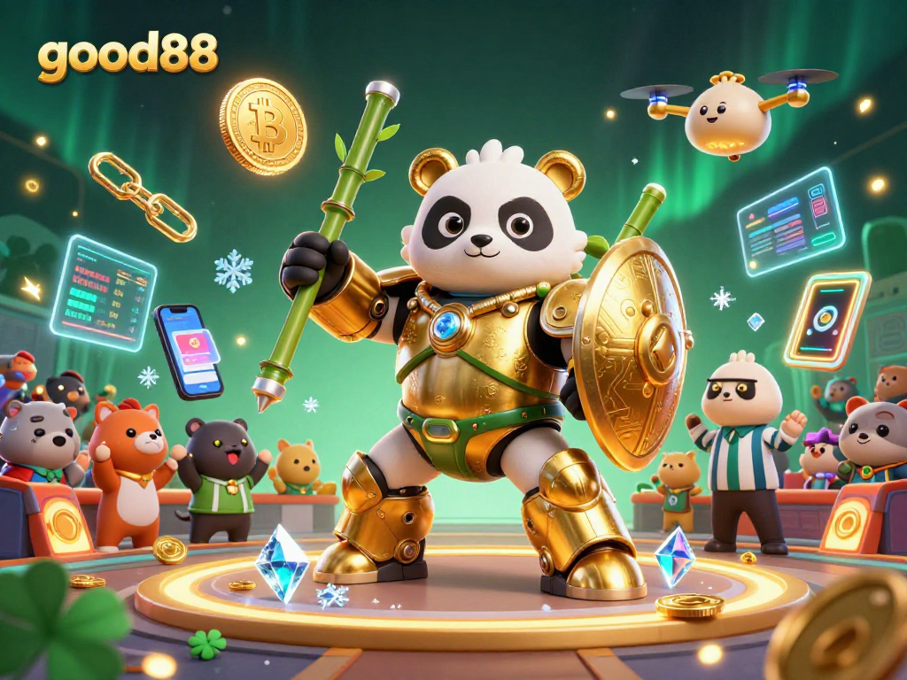 Experience thrilling action with good88 in a vibrant 3D digital casino scene featuring exciting elements.