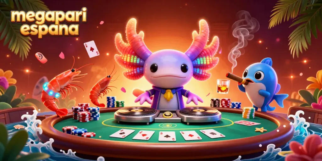 Imagen que muestra a un DJ axolote en MegaPari España destacando sus coloridos giros y elementos de casino.