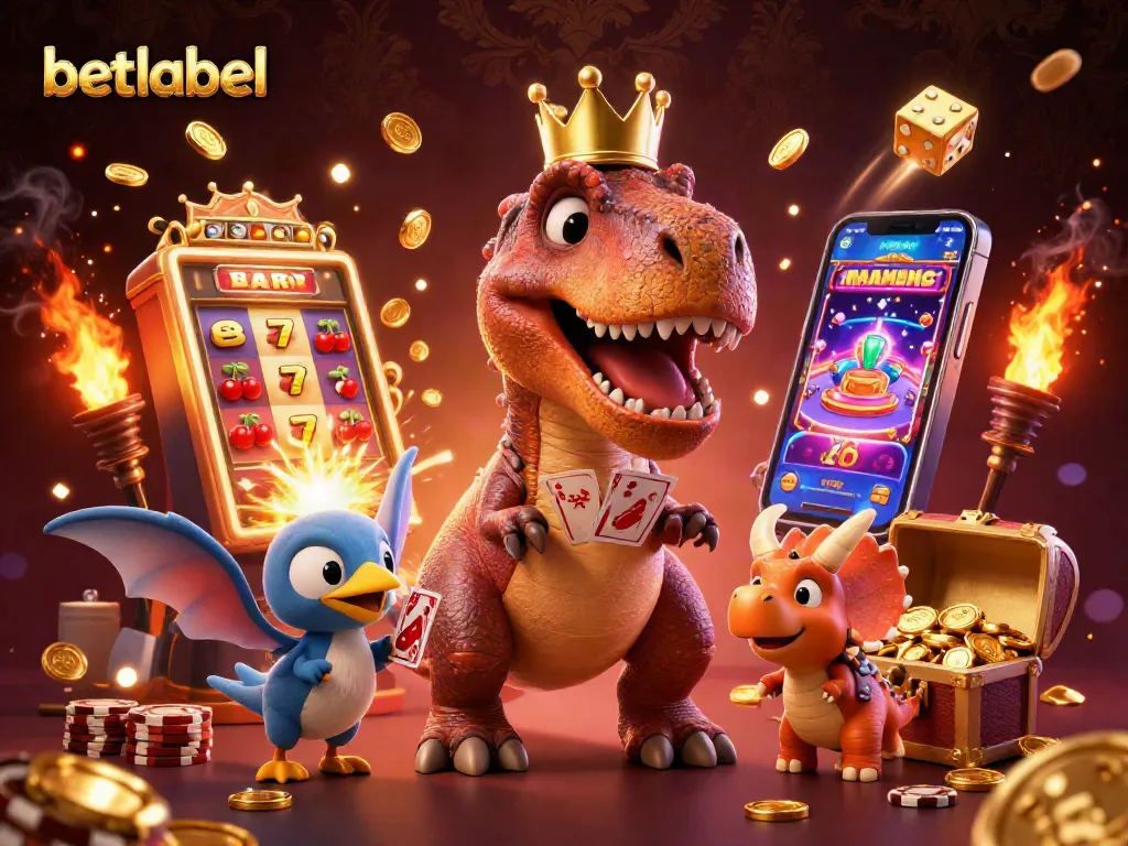 Betlabel’s energetic promotional scene featuring a T-Rex and friends in a lively casino atmosphere.