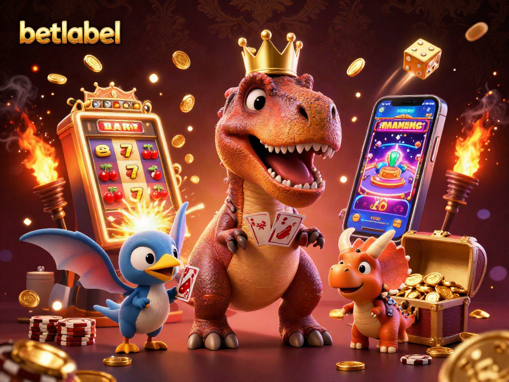 Betlabel’s energetic promotional scene featuring a T-Rex and friends in a lively casino atmosphere.