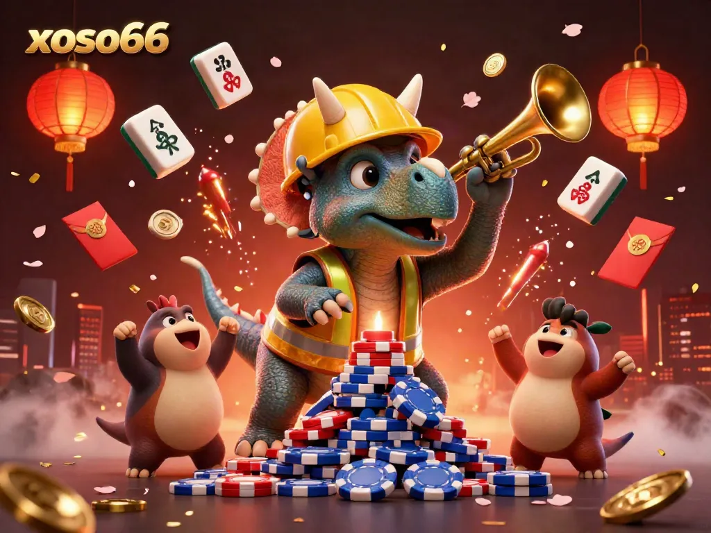 Enjoy an exhilarating xoso66 celebration with cartoon dinosaurs building poker chips amid vibrant casino elements.