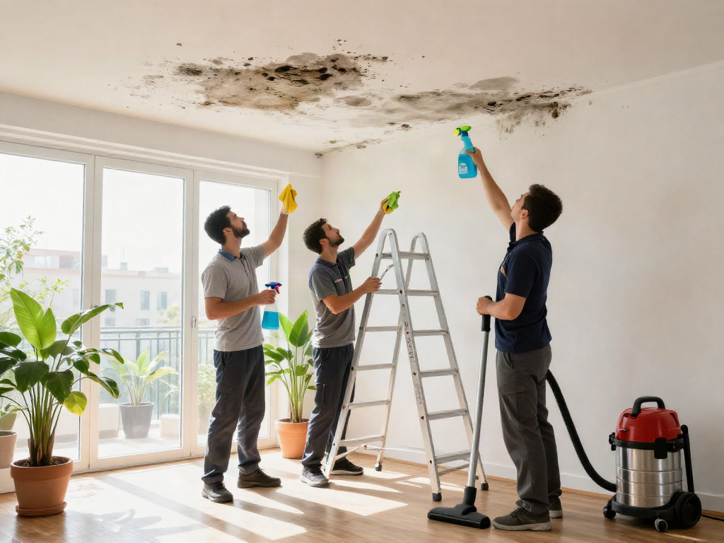 Servicio de limpieza de moho en Barcelona, equipo profesional eliminando hongos.