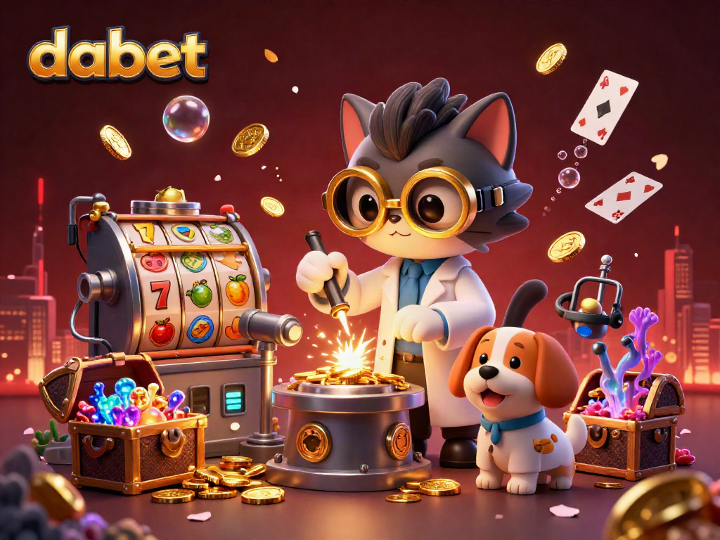 Engage with Dabet's thrilling slots in a vibrant scene with a mad scientist cat and assistant, exploring a golden world.