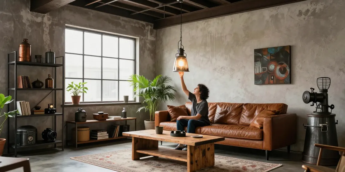 Lámpara industrial vintage realzando un elegante salón tipo loft con luz natural.