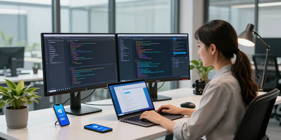Experience Telegram网页版 at a modern tech workspace with a developer coding and vibrant screens.