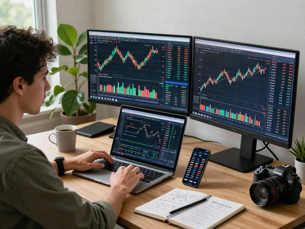 Comprar criptomonedas en un moderno espacio de oficina en casa con gráficos de mercado en pantalla.