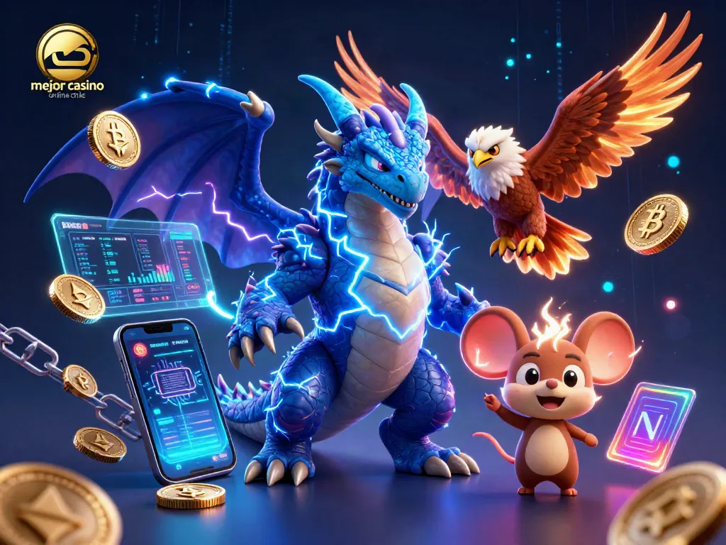 Ilustración 3D de un dragón y un halcón para el mejor casino online Chile, rodeados de criptomonedas.