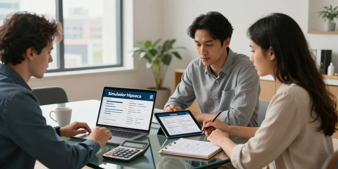 Couple using simulador hipoteca in a modern financial office for mortgage options analysis.