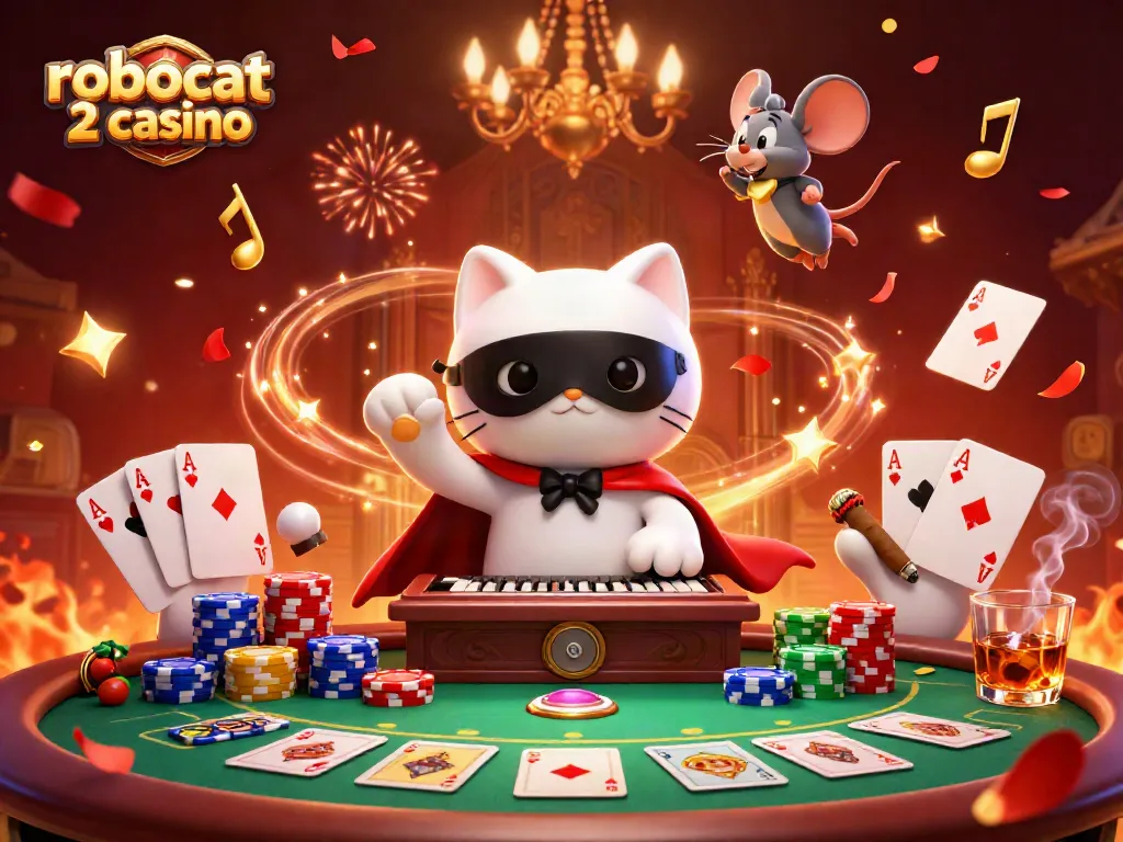 Engage in the vibrant robocat 2 casino experience with a whimsical 3D illustration of a phantom cat and acrobat.