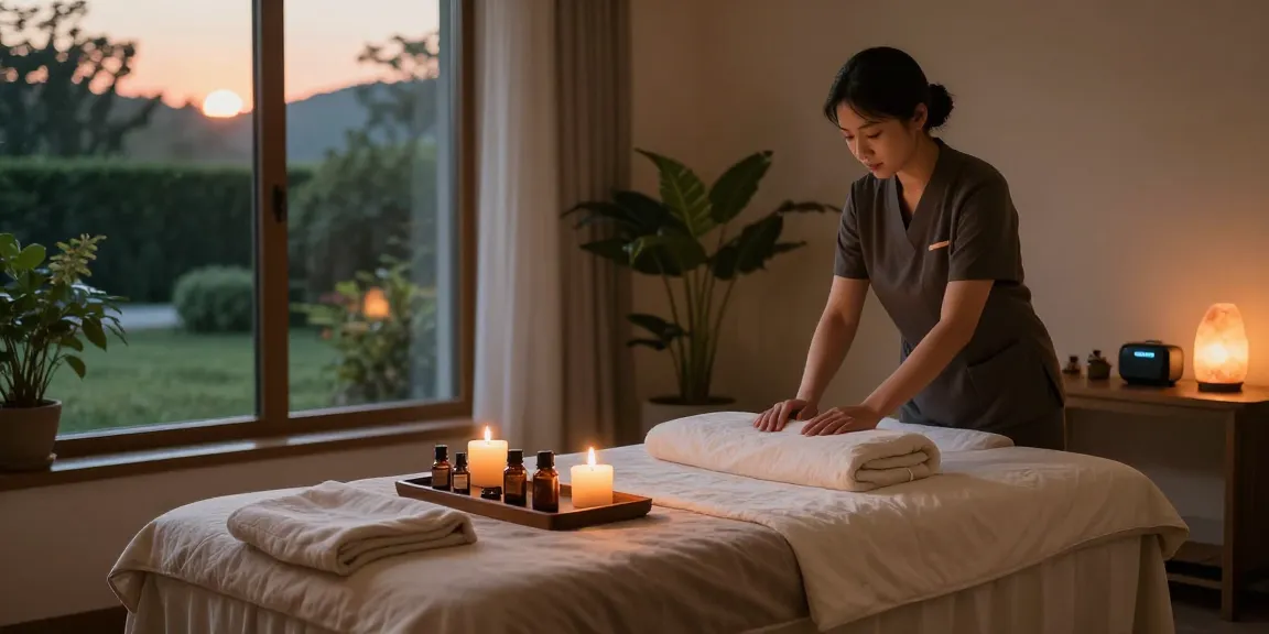 Relaxing 동탄출장마사지 spa scene with essential oils, candles, and a calming atmosphere.