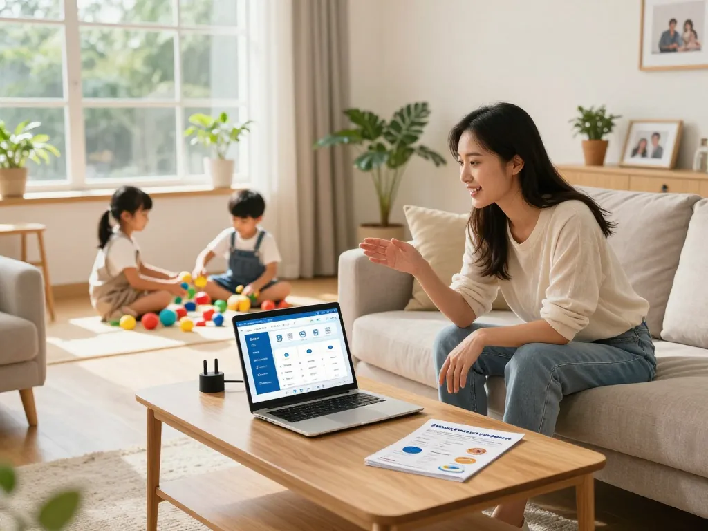 Mostrando servicios hogar en una acogedora sala de estar con una familia discutiendo sobre servicios para el hogar.