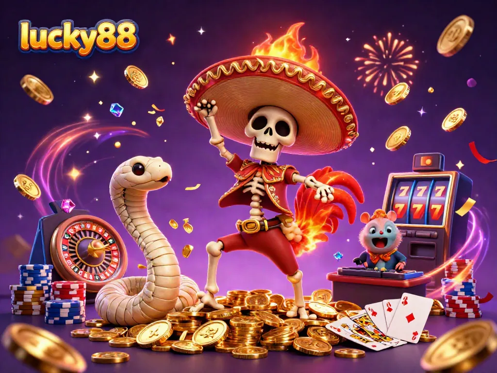 Experience the vibrant energy of lucky88 with a festive 3D scene of casino characters celebrating wins.