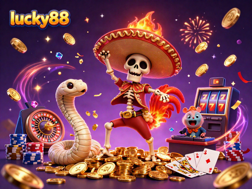 Experience the vibrant energy of lucky88 with a festive 3D scene of casino characters celebrating wins.