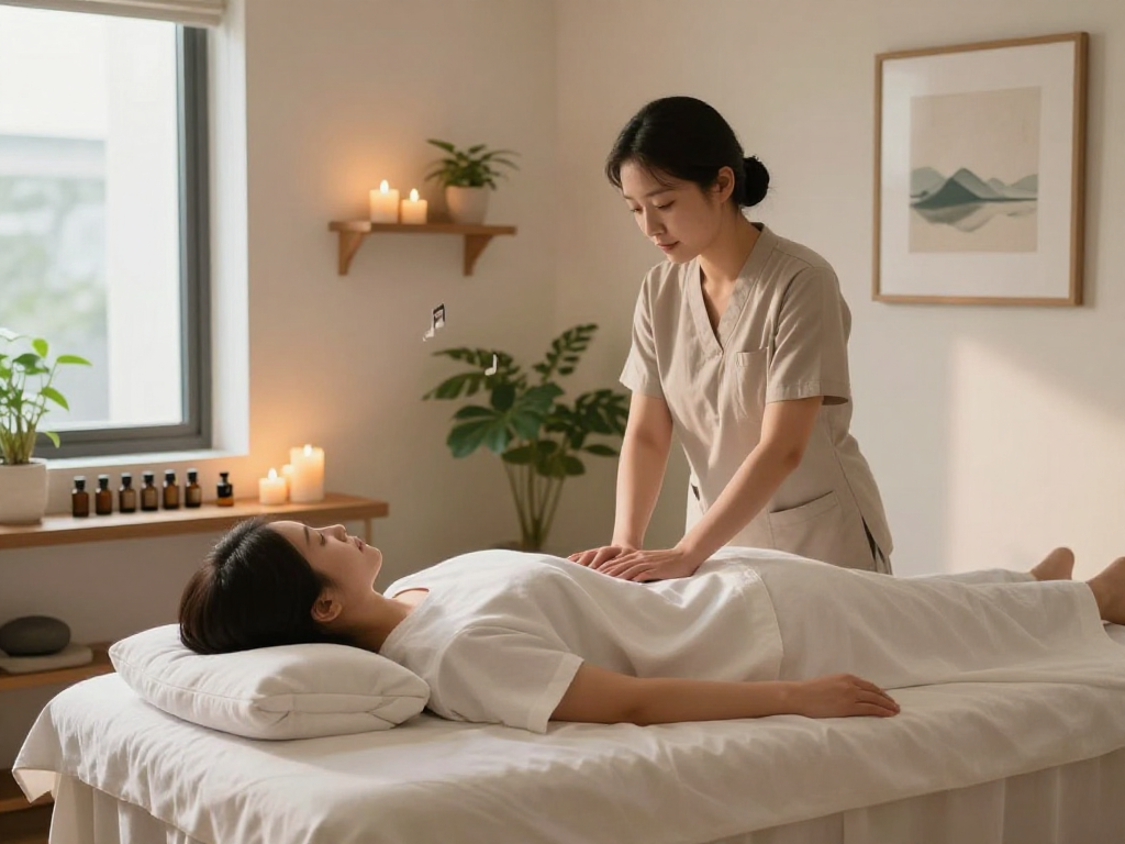 Indulge in an 인천출장마사지 experience in a tranquil urban massage studio with ambient lighting and soothing elements.