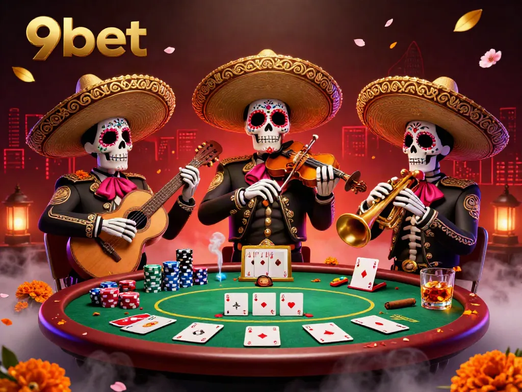 Engage with 9bet and enjoy the vibrant casino scene featuring a mariachi band playing amidst poker games and festive colors.