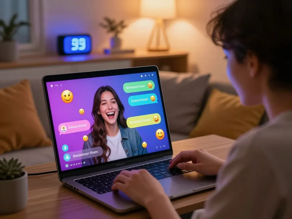 Engaging ai porn chat experience with user and AI character interaction in a cozy setting.