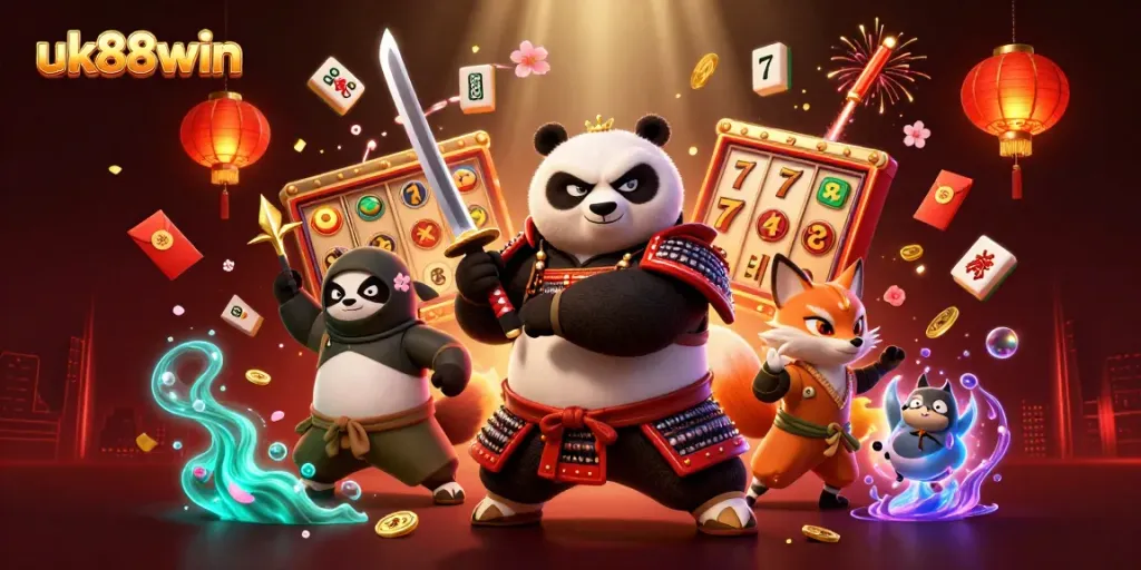 Feel the excitement at uk88win with a vibrant 3D casino scene featuring a samurai panda and a ninja fox.