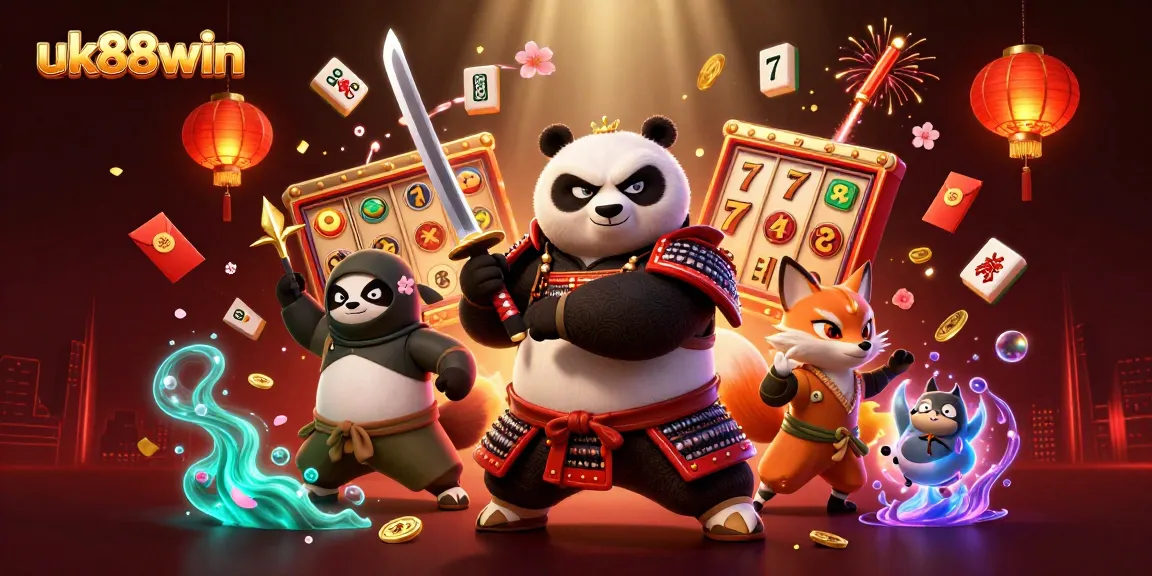Feel the excitement at uk88win with a vibrant 3D casino scene featuring a samurai panda and a ninja fox.