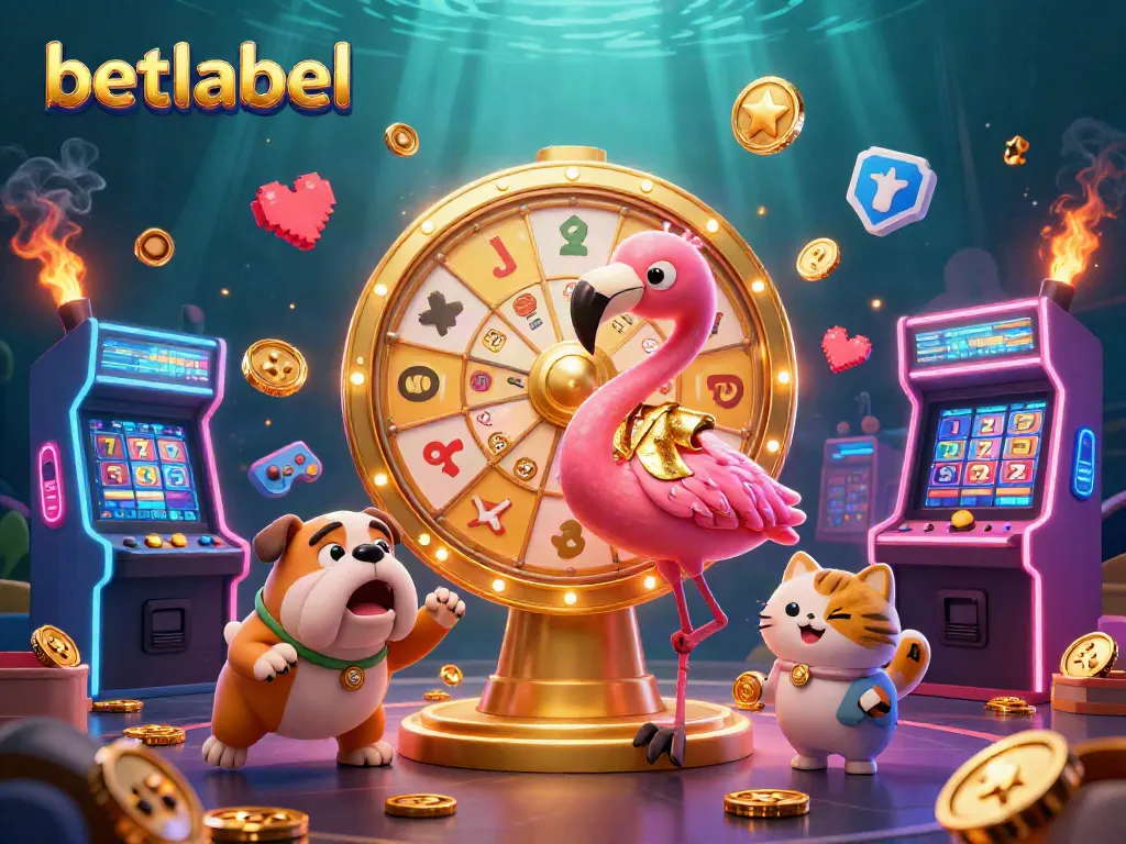 Experience the excitement of betlabel with a vibrant 3D illustration of a casino game show.