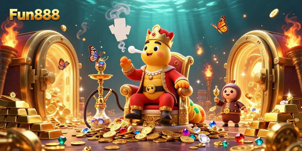 Experience excitement with Fun888 as a caterpillar master of poker forms winning hands amid treasures.