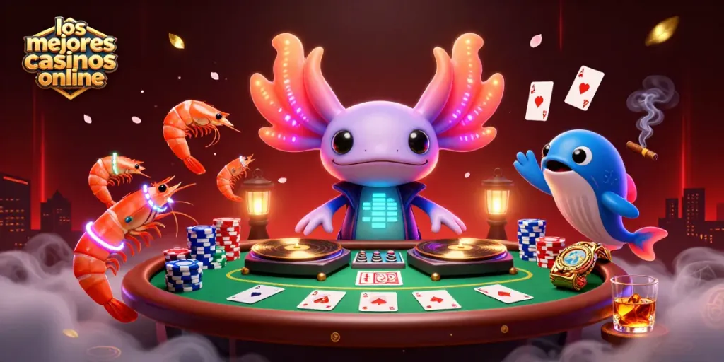 Disfruta de los mejores casinos online con esta colorida ilustración del axolote DJ y sus amigos.