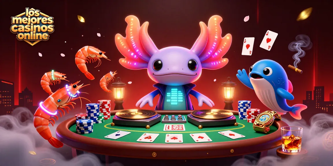 Disfruta de los mejores casinos online con esta colorida ilustración del axolote DJ y sus amigos.