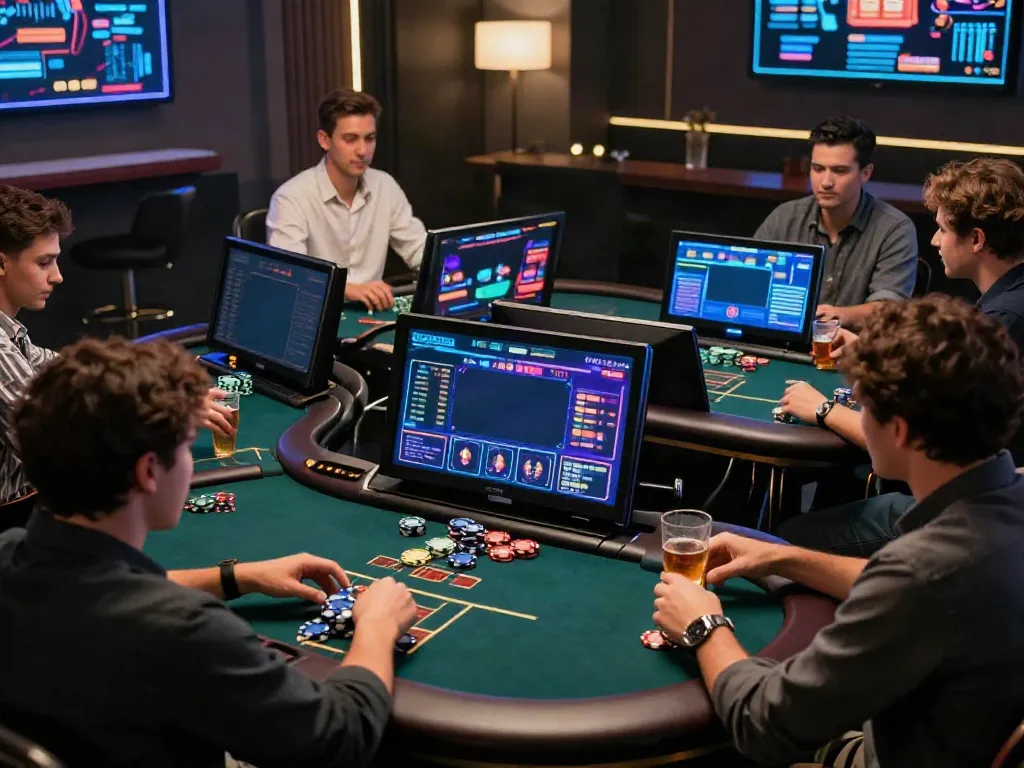 Exciting gaming experience at uk88 with friends enjoying poker and slots in a modern gaming room.