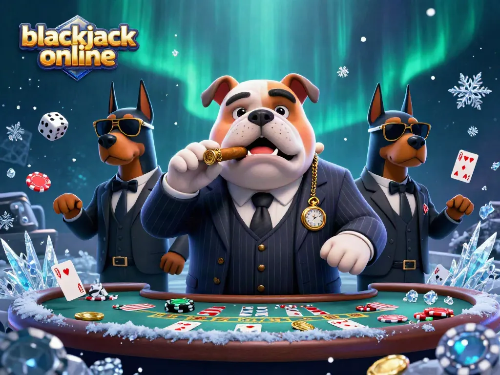 Juega blackjack en línea con un perro bulldog mafioso y sus guardaespaldas, rodeado de cartas y fichas
